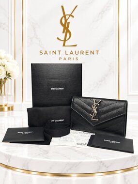 Saint Laurent YSL Black Leather Envelope Wallet Silver Cassandre Logo